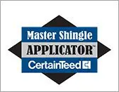 A blue and white logo for the master shingle applicator.