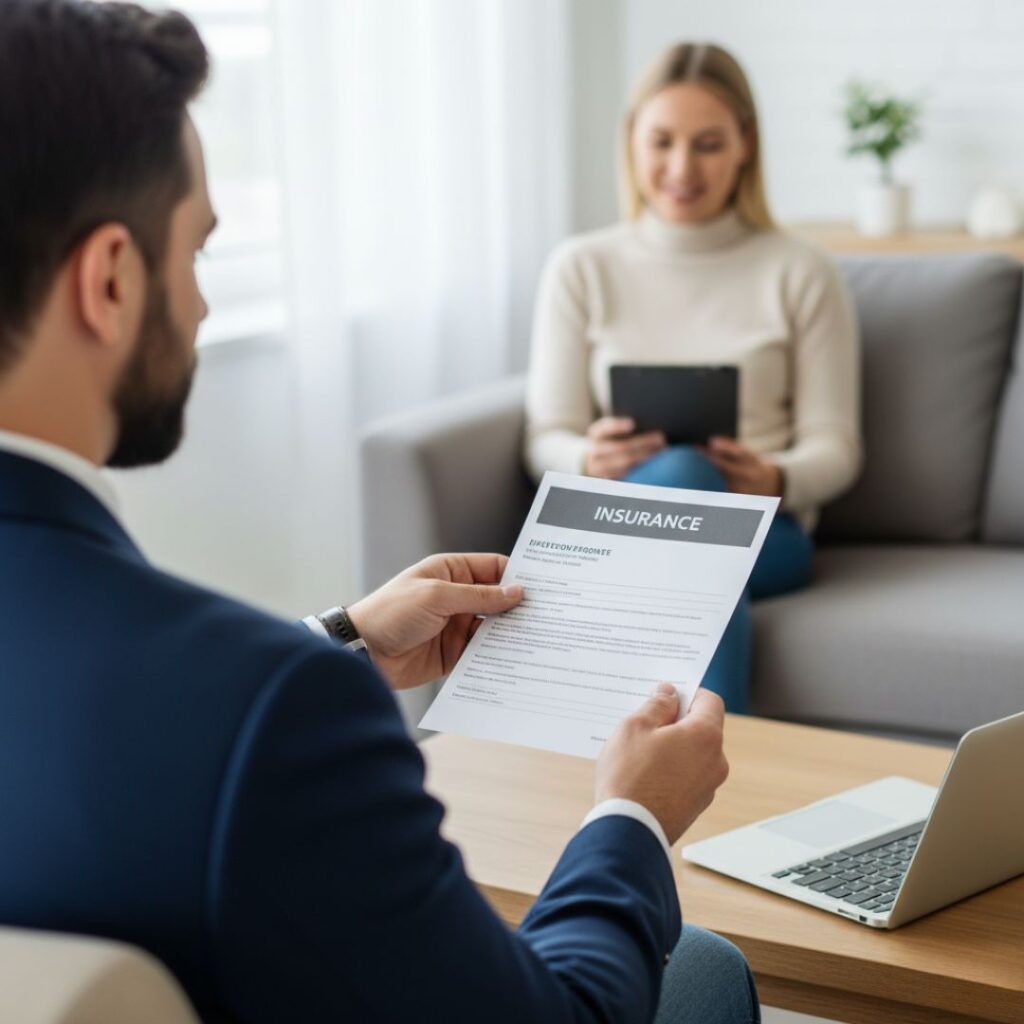A male contractor holds up an insurance document to a homeowner sitting on a sofa.