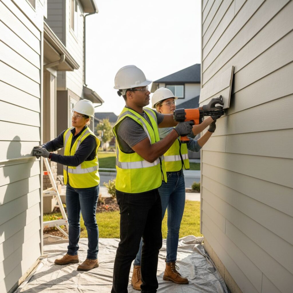 A diverse team of three construction workers in hard hats and safety vests are installing siding on a house.