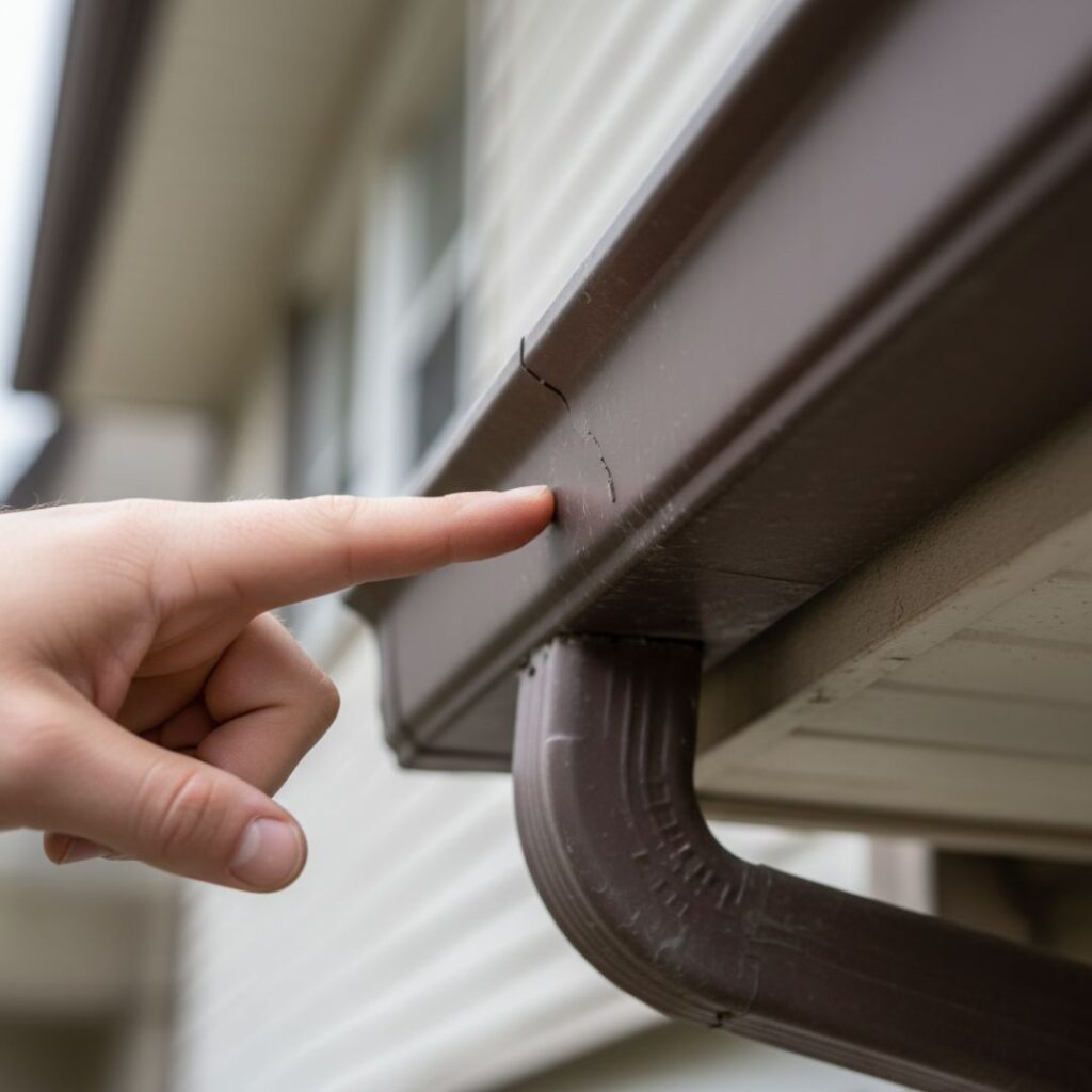 A person's finger points to a small crack in a brown gutter attached to a light-colored house.