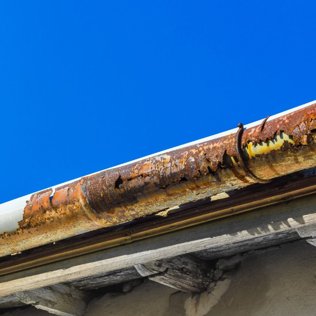 A severely rusted and damaged metal gutter, filled with debris, sags from the side of a worn house.