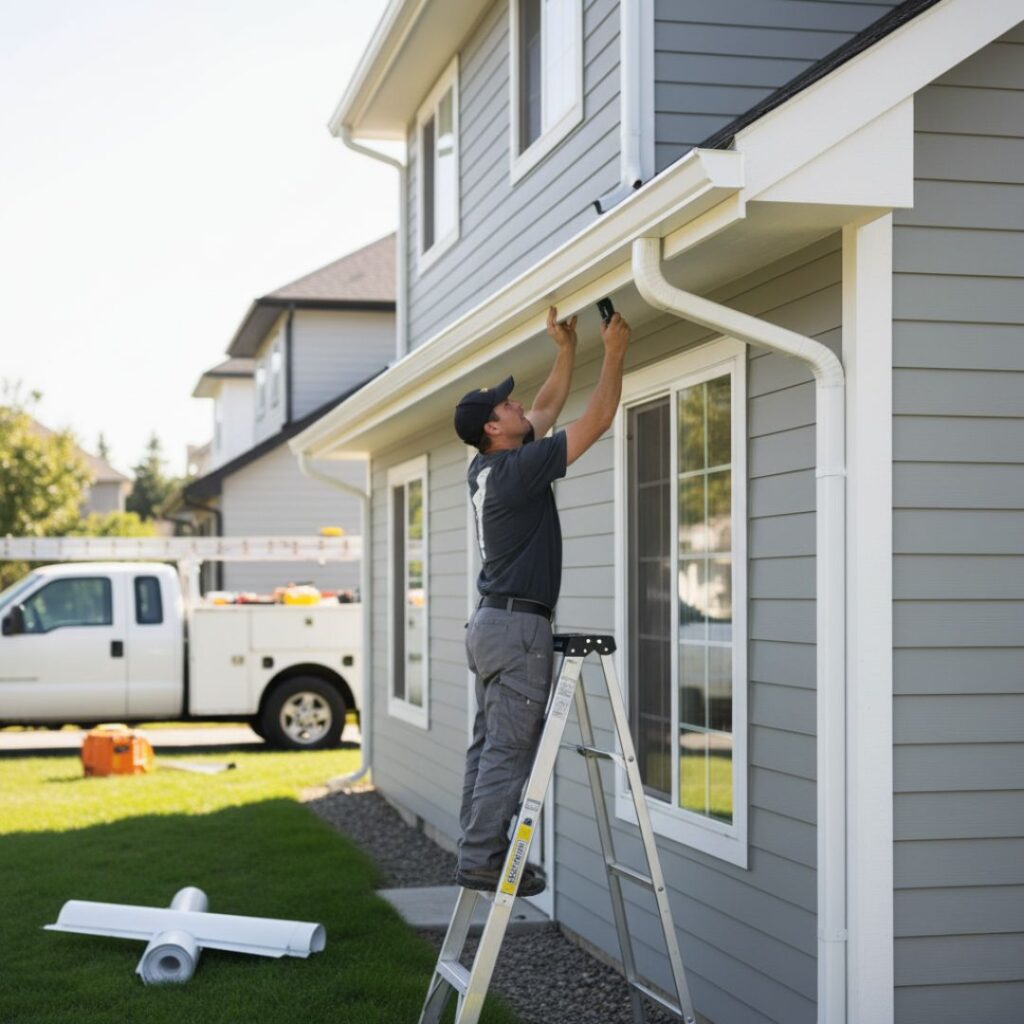 A professional installer on a ladder affixes a new white seamless gutter to the side of a gray house.