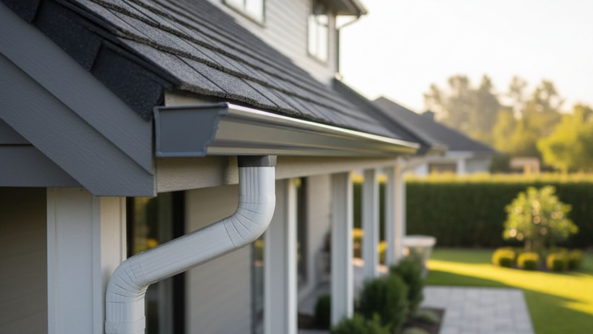 A clean, white seamless gutter is installed on the side of a modern gray house under a bright sky.
