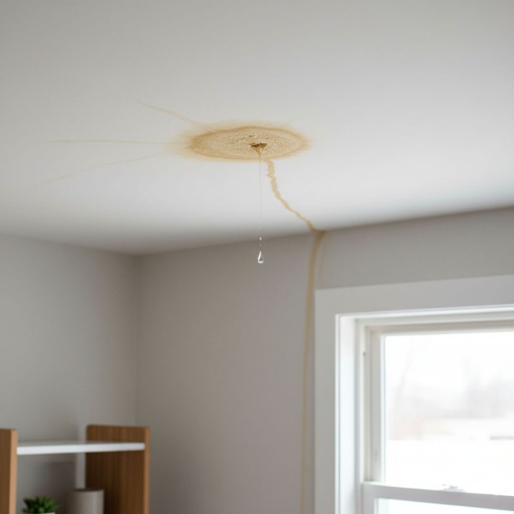 A prominent water stain with a dripping leak spreads across a white ceiling.