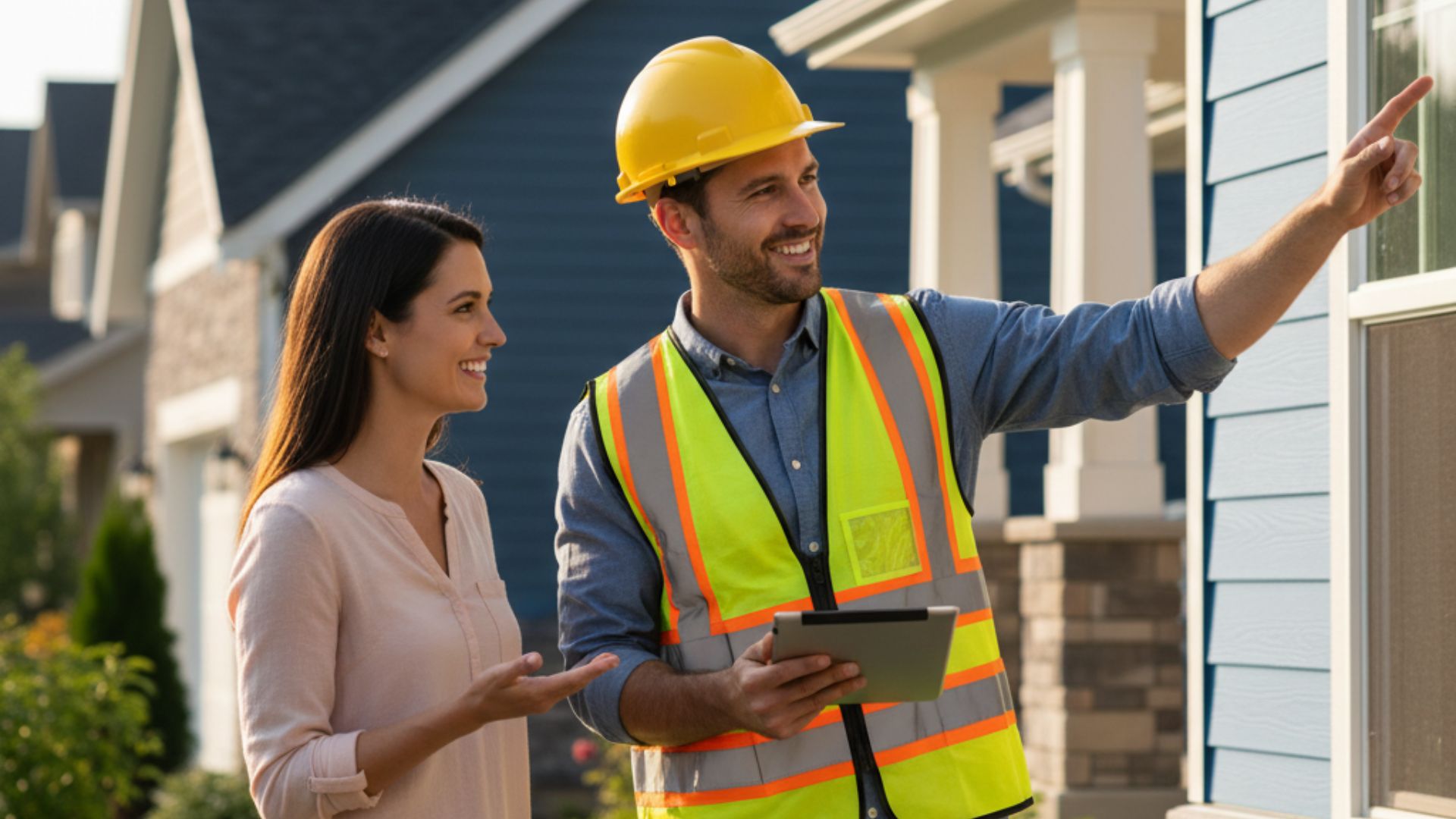 A contractor in a hard hat and safety vest points to the siding on a house while discussing the project with a smiling female homeowner.