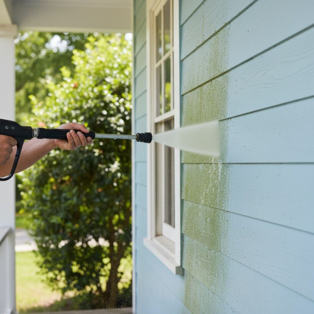 A close-up shows a person's hands operating a pressure washer to clean green mildew from a light blue house exterior.