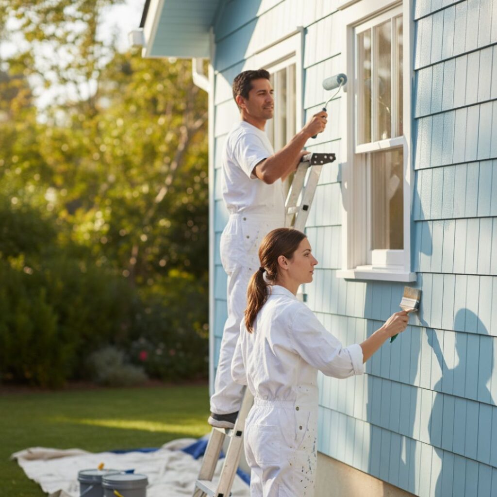 Two painters in white coveralls, a man on a ladder and a woman below, apply paint to the light blue exterior of a house in soft morning light.
