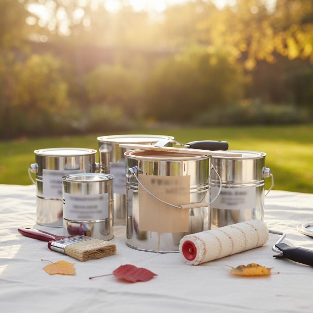 Various metal paint cans, brushes, and a roller sit on a white drop cloth outdoors with autumn leaves scattered around, bathed in golden sunlight.