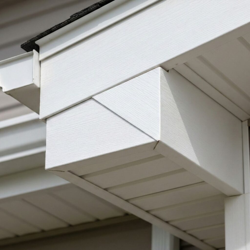 Detailed close-up of professional carpentry showing clean, sturdy soffit and fascia boards.