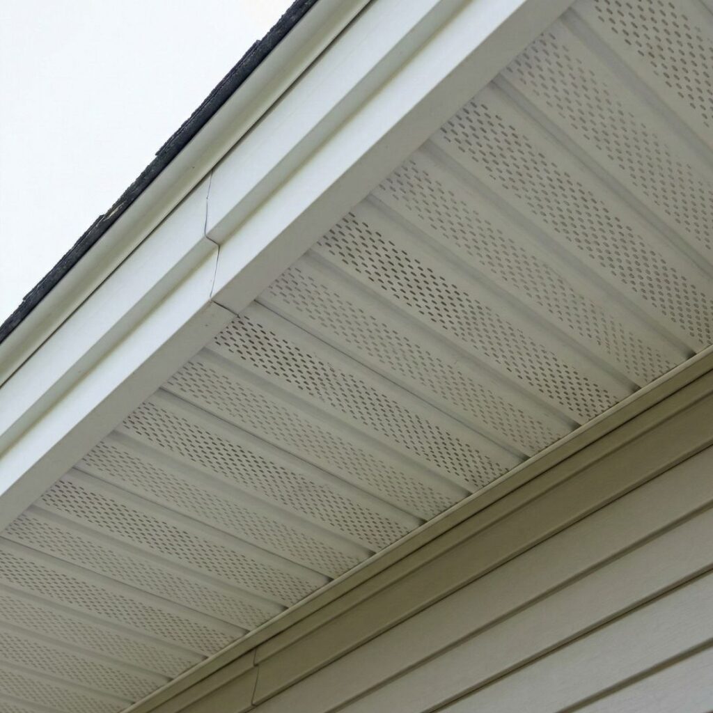 A low-angle view of vented roof soffits designed for optimal attic airflow.