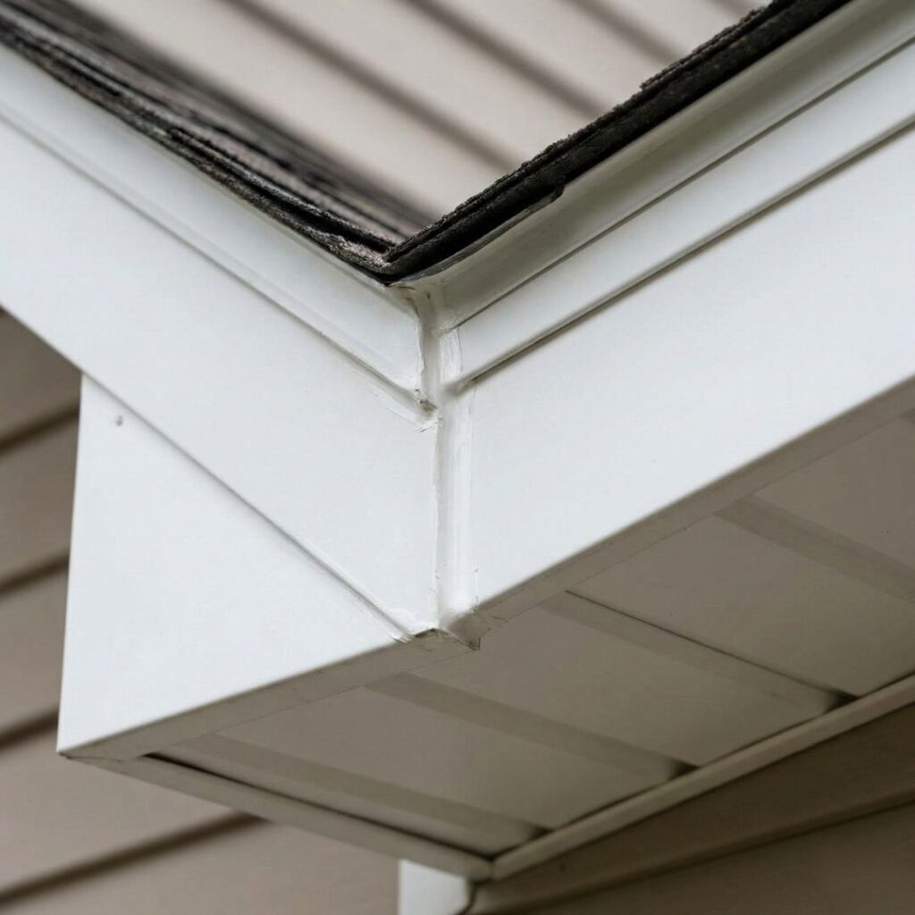 Securely sealed roof eave and soffit corner preventing pest entry.