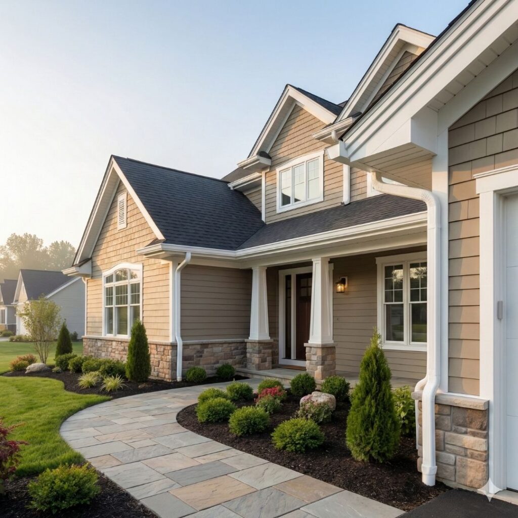 Elegant house exterior showing high curb appeal with fresh gutters and soffit trim.