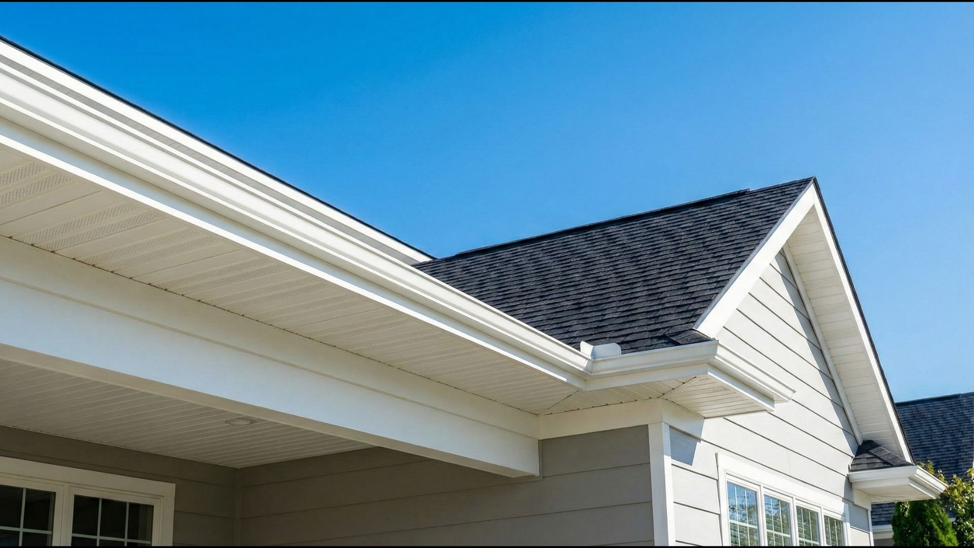 A clean, modern home with a well-maintained roof and pristine white soffits under a clear blue sky.