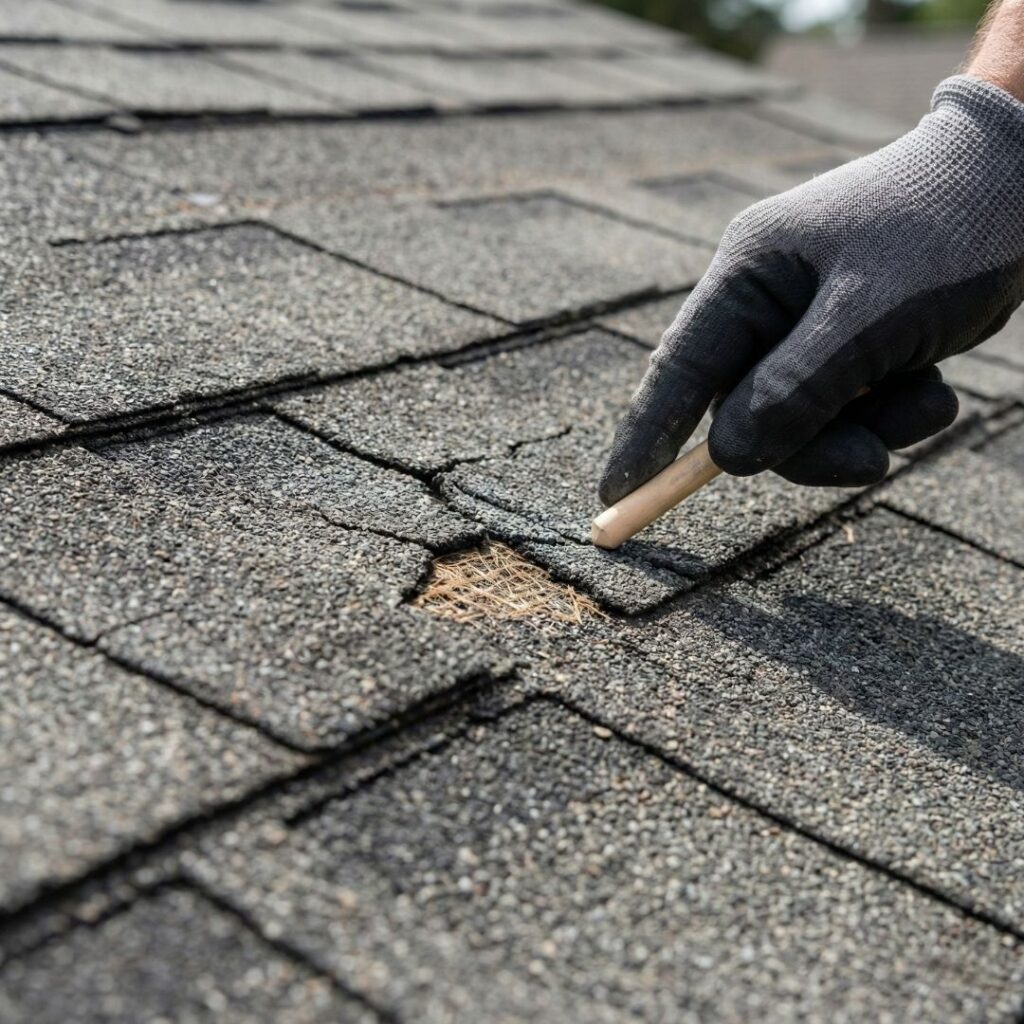 Close-up of damaged asphalt shingles with a professional identifying the need for a roof repair.