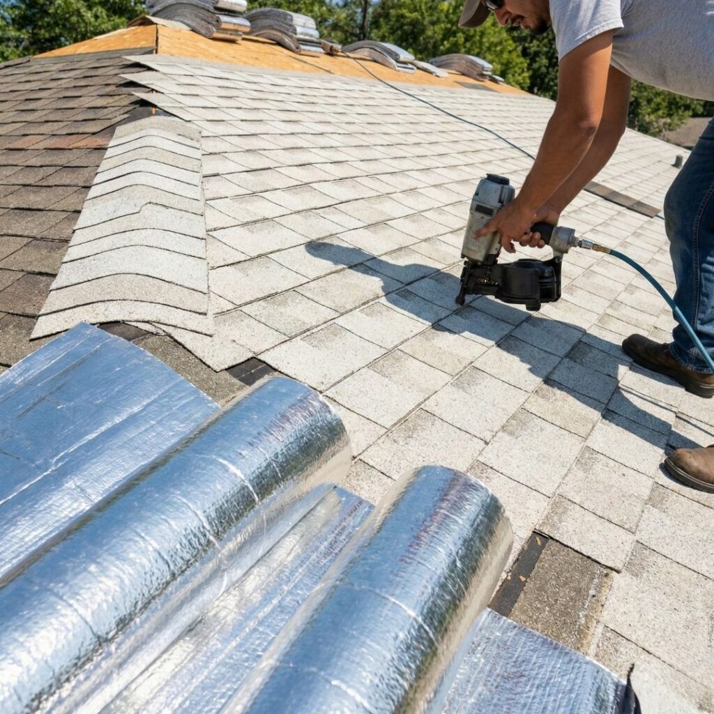 New energy-efficient roofing materials being installed to improve a home's cooling and insulation.