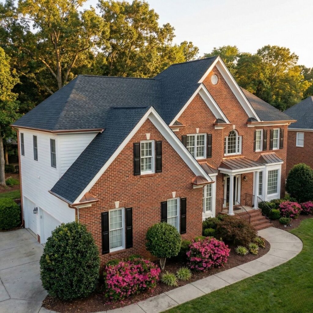 A completed roof replacement on a beautiful Raleigh home, showcasing high curb appeal and value.