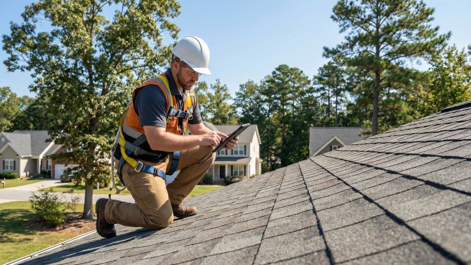 Professional roofing contractor inspecting a residential asphalt roof in Raleigh during a sunny day.