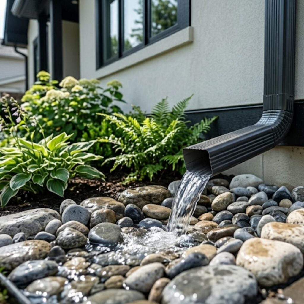 Dark downspout discharging water onto river rocks