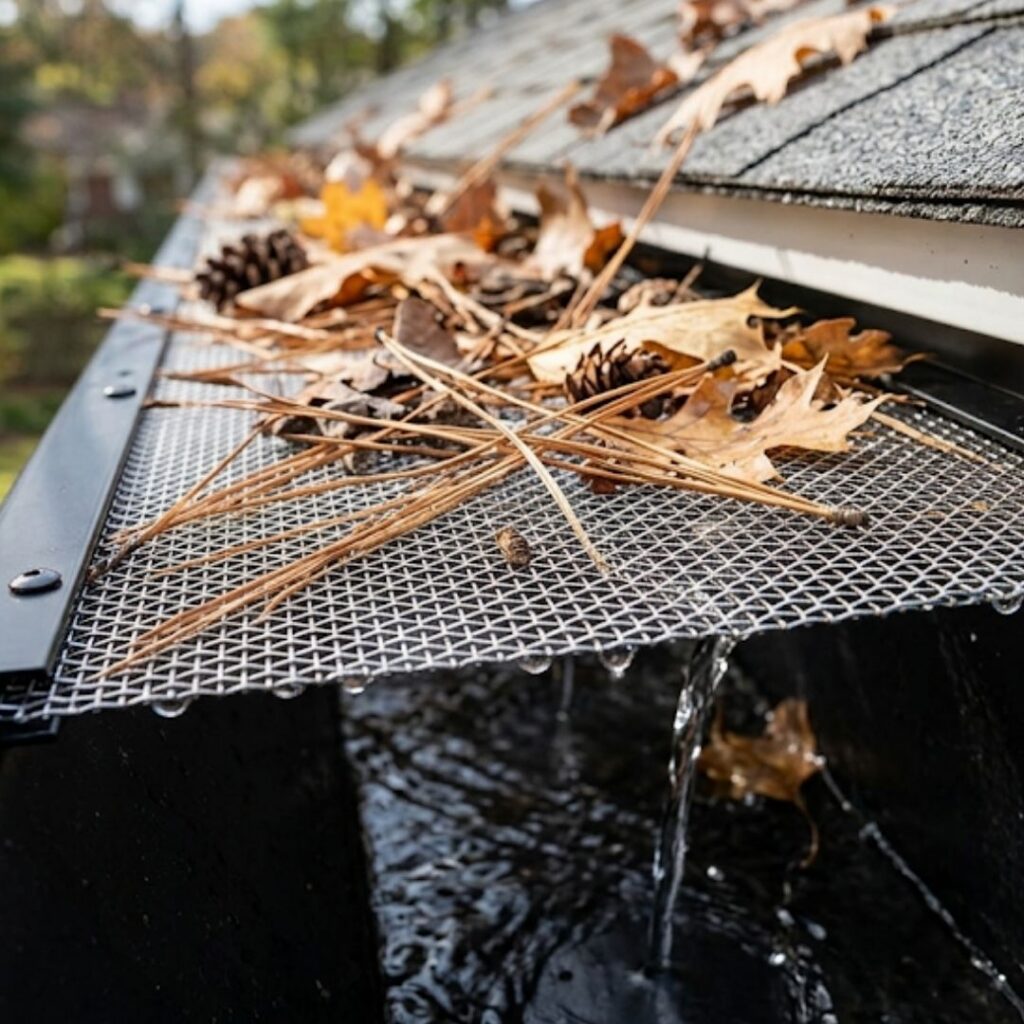 Mesh gutter guard filtering leaves and pine needles