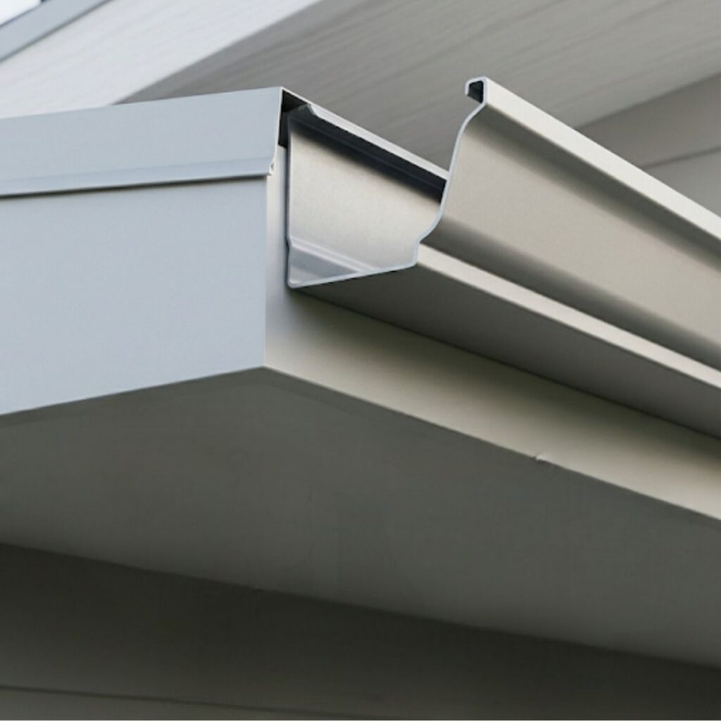 Close-up of clean silver aluminum gutter profile installed