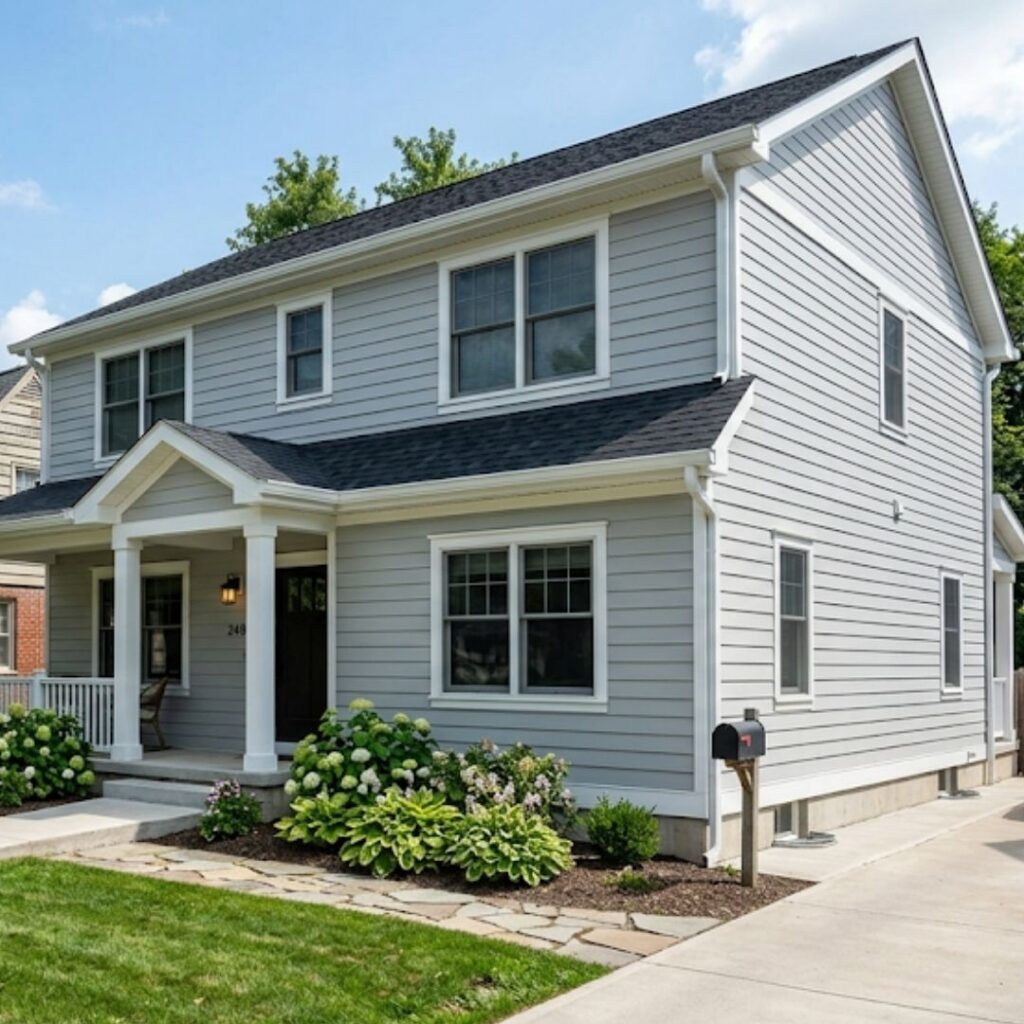 Two-story house with light grey lap siding