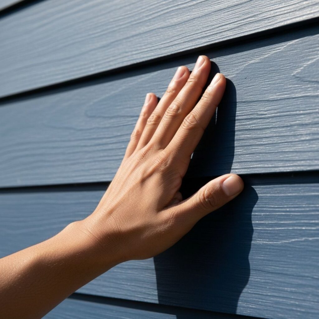 Hand touching blue wood-texture siding panel