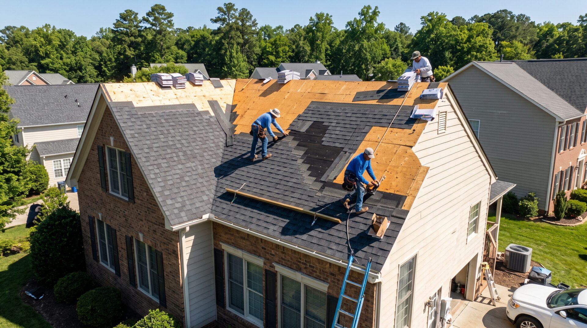 A professional roofing crew installs a new shingle roof on a sunny day.