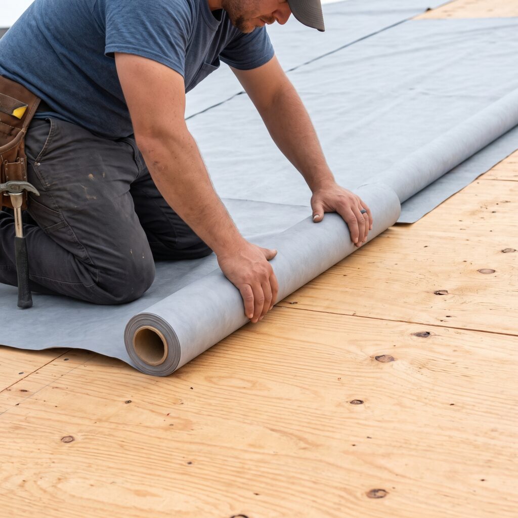 A roofing worker meticulously installs a waterproof underlayment membrane on a roof.
