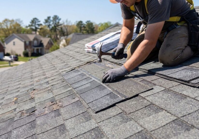 A roofer applies new asphalt shingles to a residential roof surface.