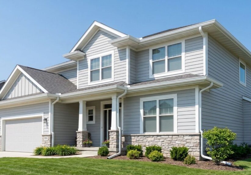 A pristine suburban home with newly installed white seamless gutters under a clear blue sky.
